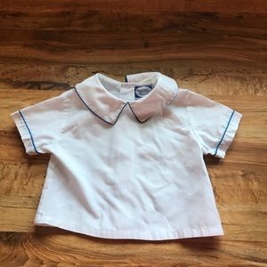 Carriage Boutique Shirt. 12 Months. Blue Piping.